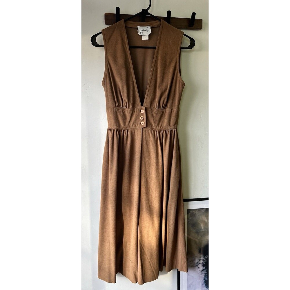 Jonathan Logan Brown Sleeveless V-Neck Button Knee Length Dress S Vintage USA